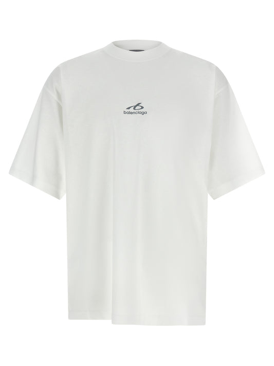 T-Shirt by Balenciaga for men in cotton white & print showcases a dramatic silhouette, elegantly detailed with a dramatic crew neckline and short-sleeve for a truly dramatic finish.