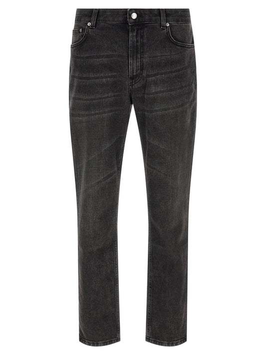 Jeans by Department 5 for men in stretch denim cotton polyester black & silver features a polished silhouette with a polished straight-leg, reaching a polished long and finished with a polished mid rise.