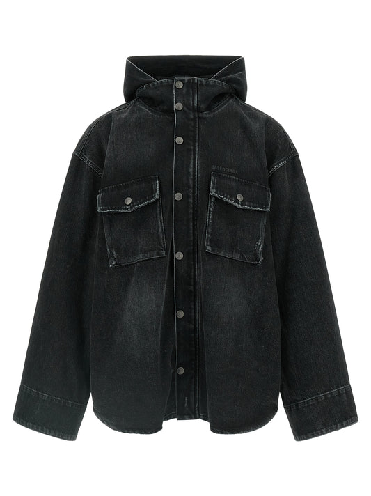 Hooded Trucker Jacket by Balenciaga for men in denim cotton black features a dramatic silhouette, showcasing a sophisticated hooded neckline and distinctive pockets & hooded for a dramatic aesthetic.