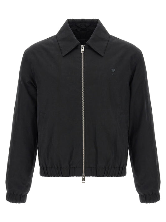 Bomber Jacket by Ami Paris for men in cotton canvas black, silver & signature presents a effortlessly chic silhouette, showcasing a sophisticated and premium for a truly effortlessly chic finish.