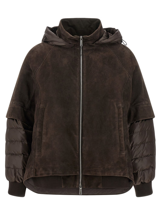 Hooded Jacket by MooRER for women in cashmere suede leather & wool brown features a smart silhouette, perfectly accentuated by its unique hooded neckline and functional pockets, hooded & insulated for a smart finish.