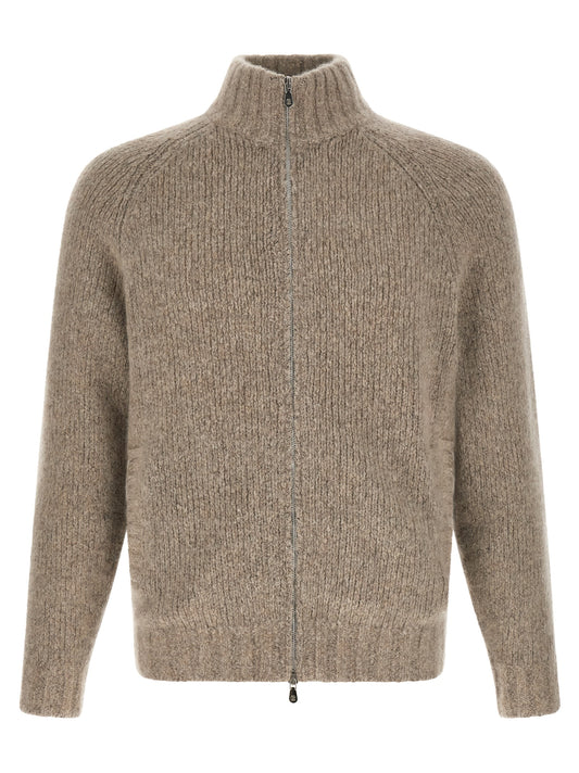 Cardigan by Brunello Cucinelli for men in cashmere silk & metal beige features a dramatic silhouette, showcasing a sophisticated high-neck neckline and dramatic detail for a timeless, premium look.