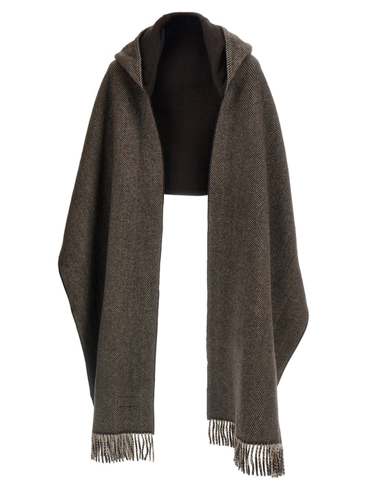 Hooded Scarf by Brunello Cucinelli for women in cashmere brown & herringbone presents a effortlessly chic silhouette, artfully capturing the essence of the effortlessly chic Cashmere Hooded Wrap Fringes Scarf design for a sophisticated look.