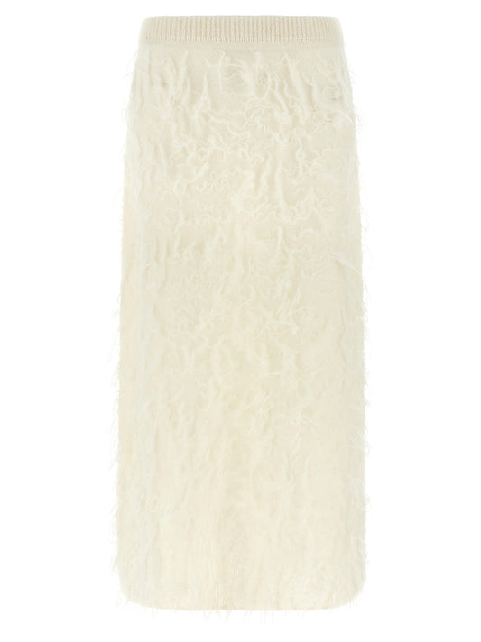 Skirt by Fabiana Filippi for women in polyamide mohair & alpaca wool cream, natural & white features an tailored silhouette, artfully capturing the essence of Women's Straight Polyamide Mohair & Alpaca Wool Midi Skirt in a sophisticated midi.