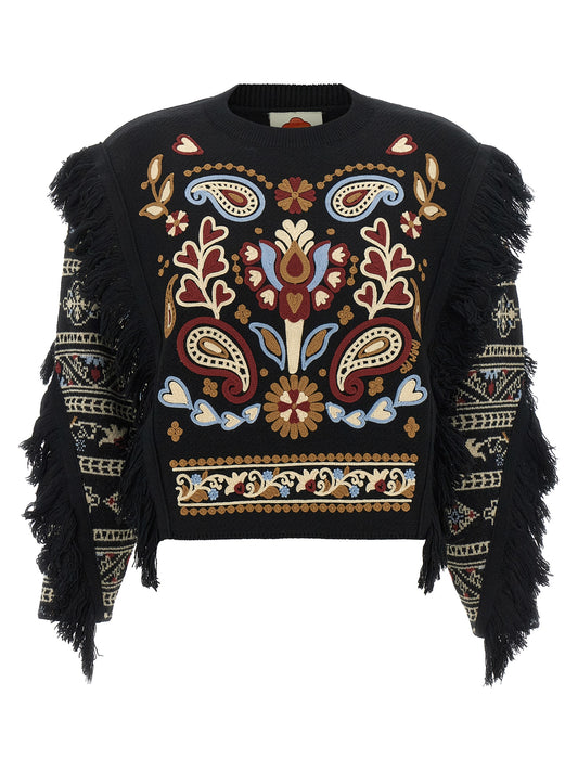 Cardigan by FARM RIO for women in acrylic canvas & wool black, paisley & floral presents a textural silhouette, artfully finished with a textural and for a sophisticated, textural look.