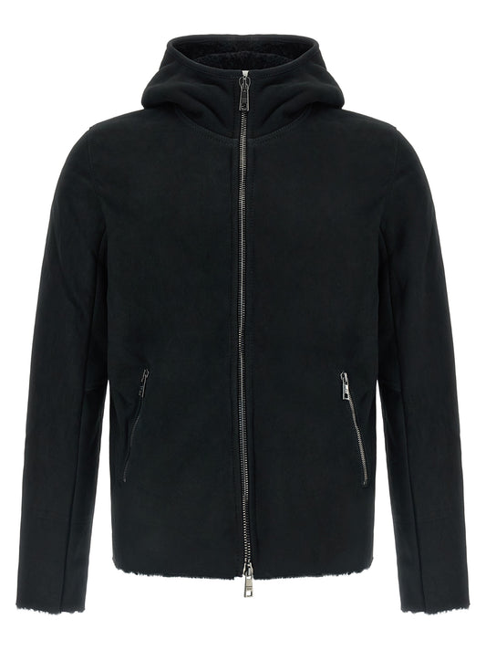 Sweatshirt Hoodie by GIORGIO BRATO for men in velour metal & lamb leather black & silver features an dramatic silhouette, showcasing a sophisticated hooded neckline and dramatic for a refined, modern aesthetic.