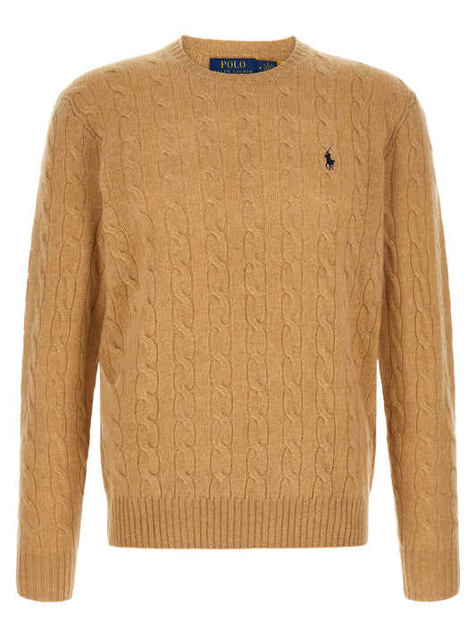 Cardigan by Polo Ralph Lauren for men in cashmere beige & signature features a dramatic silhouette, showcasing a sophisticated and dramatic detail for a timeless, premium look.