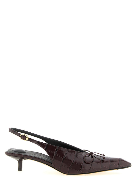 Mid-Heel Kitten Slingback Pumps Heels by Jacquemus for women in crocodile calfskin leather bordeaux, gold & print features an captivating silhouette, showcasing the elegant Women's Crocodile Calfskin Leather Mid-Heel Kitten Slingback Pumps Heels design with a mid-heel kitten-heel and a sophisticated .