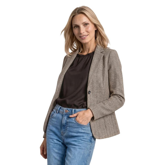 Blazer by Street One for women in stretch denim cotton brown, patterned & herringbone features an stylish silhouette, showcasing a sophisticated double-breasted neckline and stylish for a truly stylish finish.