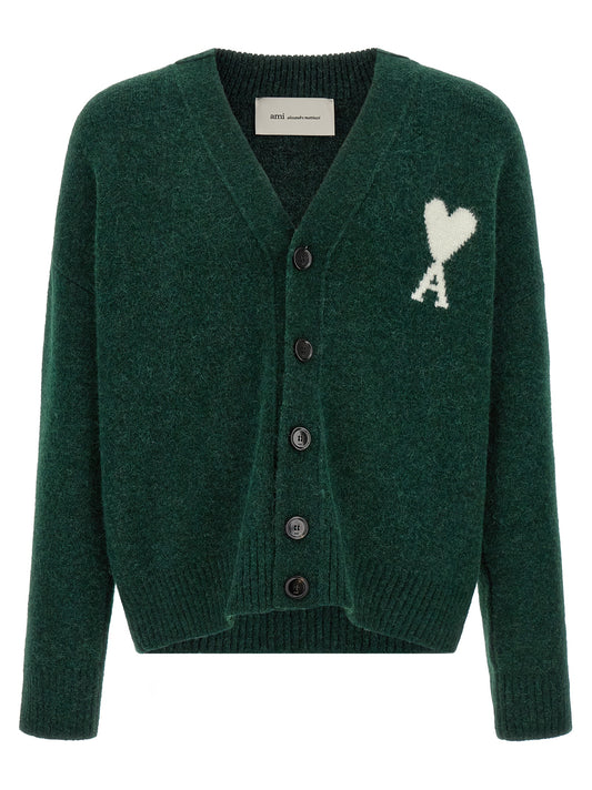 Cardigan by Ami Paris for men in polyamide leather & alpaca wool bicolour, green & horn showcases a captivating silhouette, artfully detailed with a captivating and v-neck neckline for a truly sophisticated captivating look.