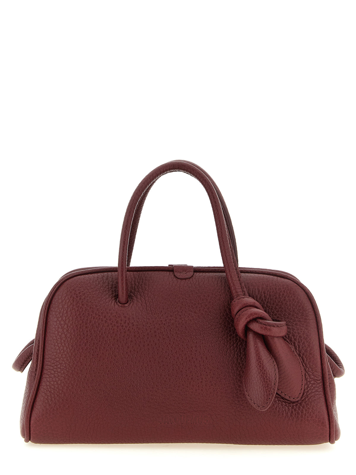 Bowling Handbag by Jacquemus for women in calfskin leather bordeaux & silver features a contemporary silhouette, showcasing a secure zipper, ample , and contemporary handle & adjustable-strap for a sophisticated look.