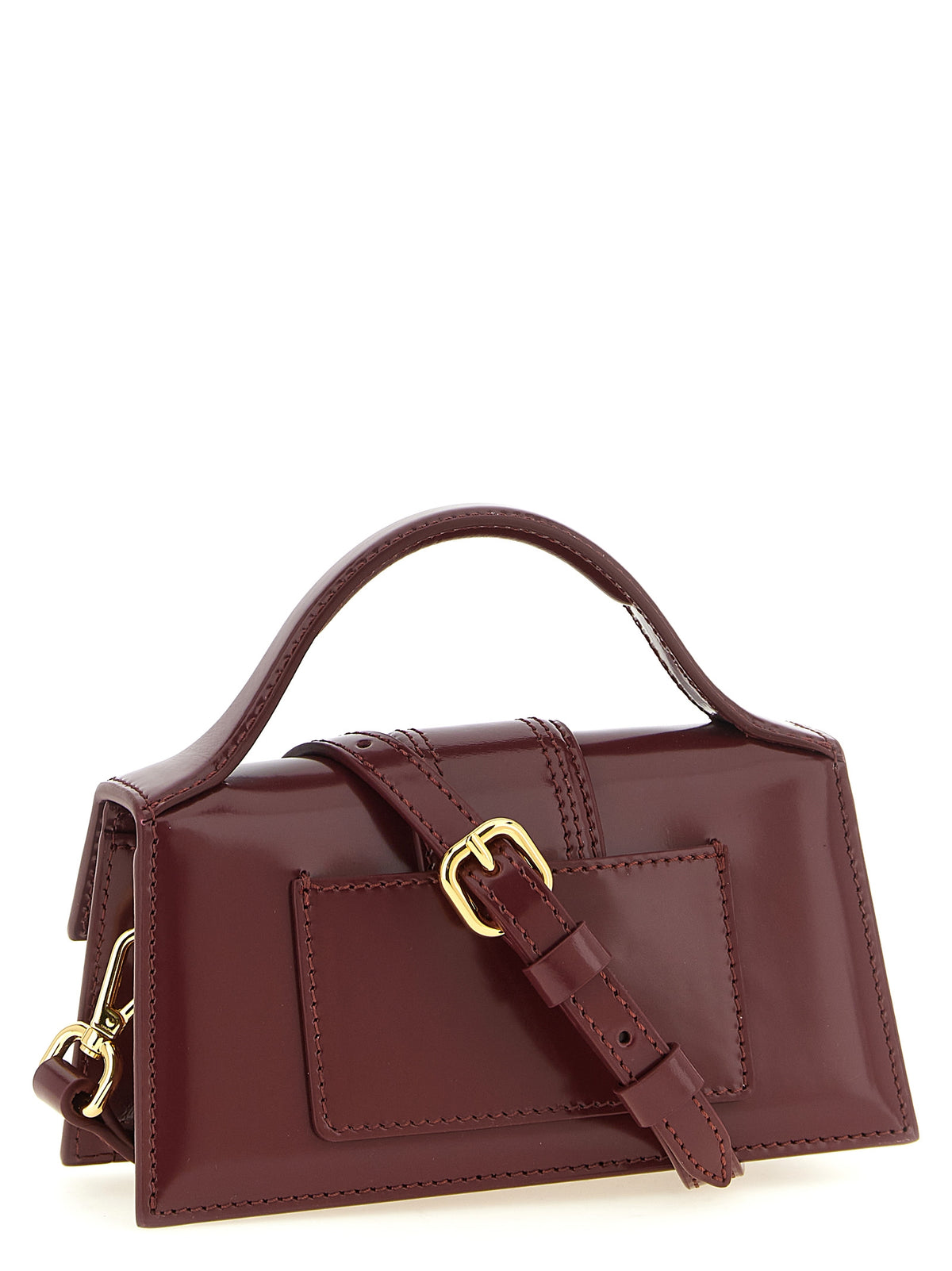 Handbag by Jacquemus for women in patent calfskin leather bordeaux & gold features a signature silhouette, showcasing a secure and signature with versatile shoulder-strap & handle for a sophisticated look.