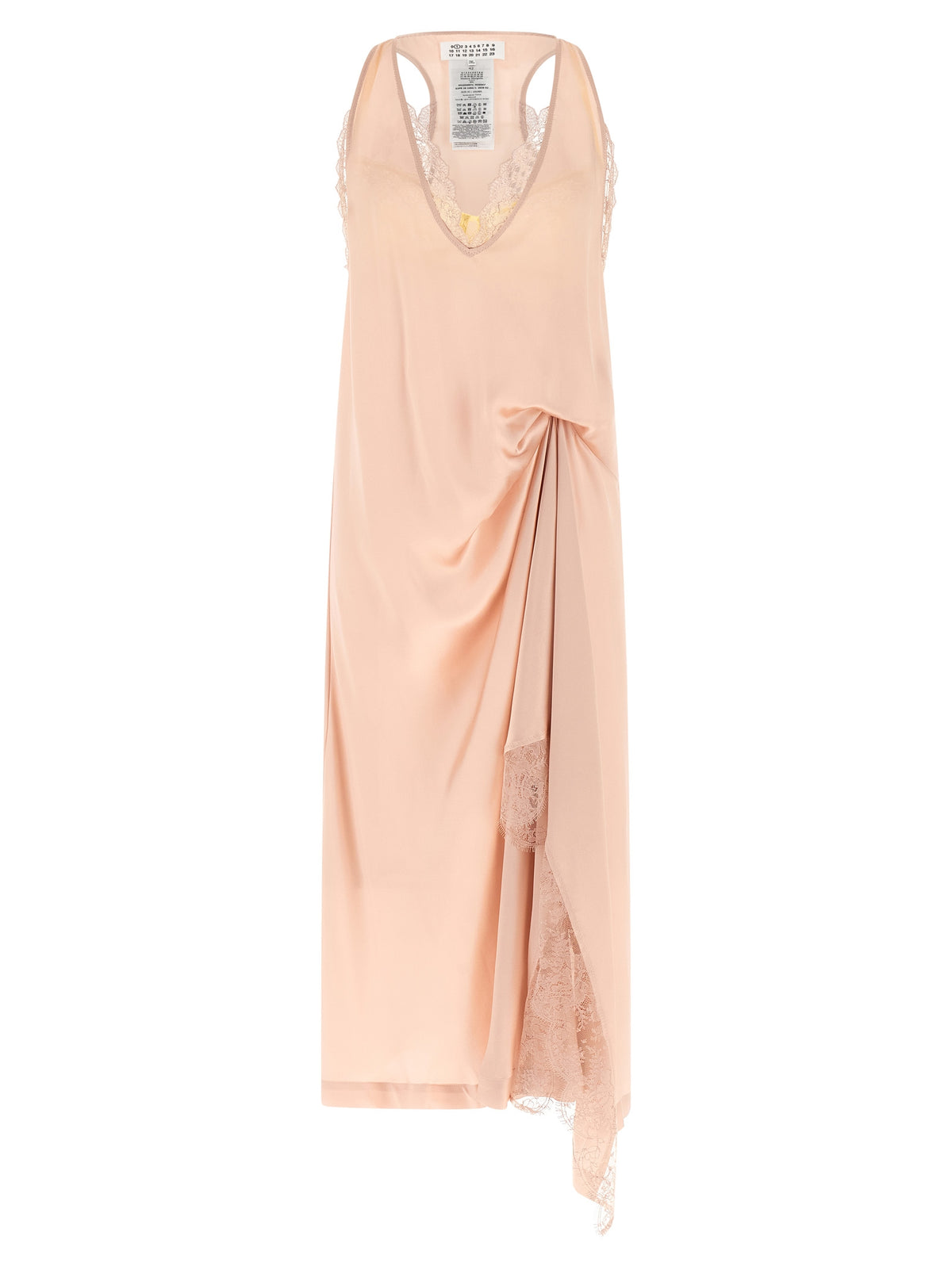 Dress by Maison Margiela for women in acetate lace & silk multicolor, pink, white & signature presents a sinuous silhouette, showcasing a sophisticated v-neck neckline and detailed with a sinuous midi for a refined finish.