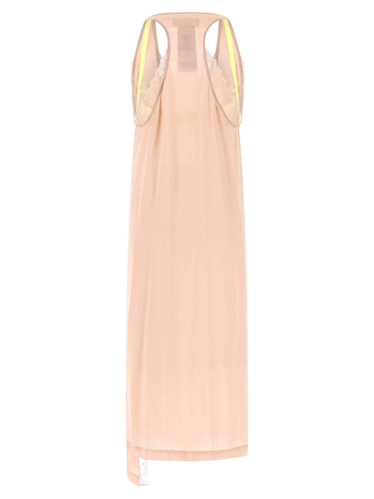 Dress by Maison Margiela for women in acetate lace & silk multicolor, pink, white & signature features an sultry silhouette defined by a v-neck neckline and , falling to an sultry midi for a sultry look.