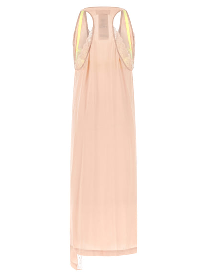 Dress by Maison Margiela for women in acetate lace & silk multicolor, pink, white & signature features an sultry silhouette defined by a v-neck neckline and , falling to an sultry midi for a sultry look.