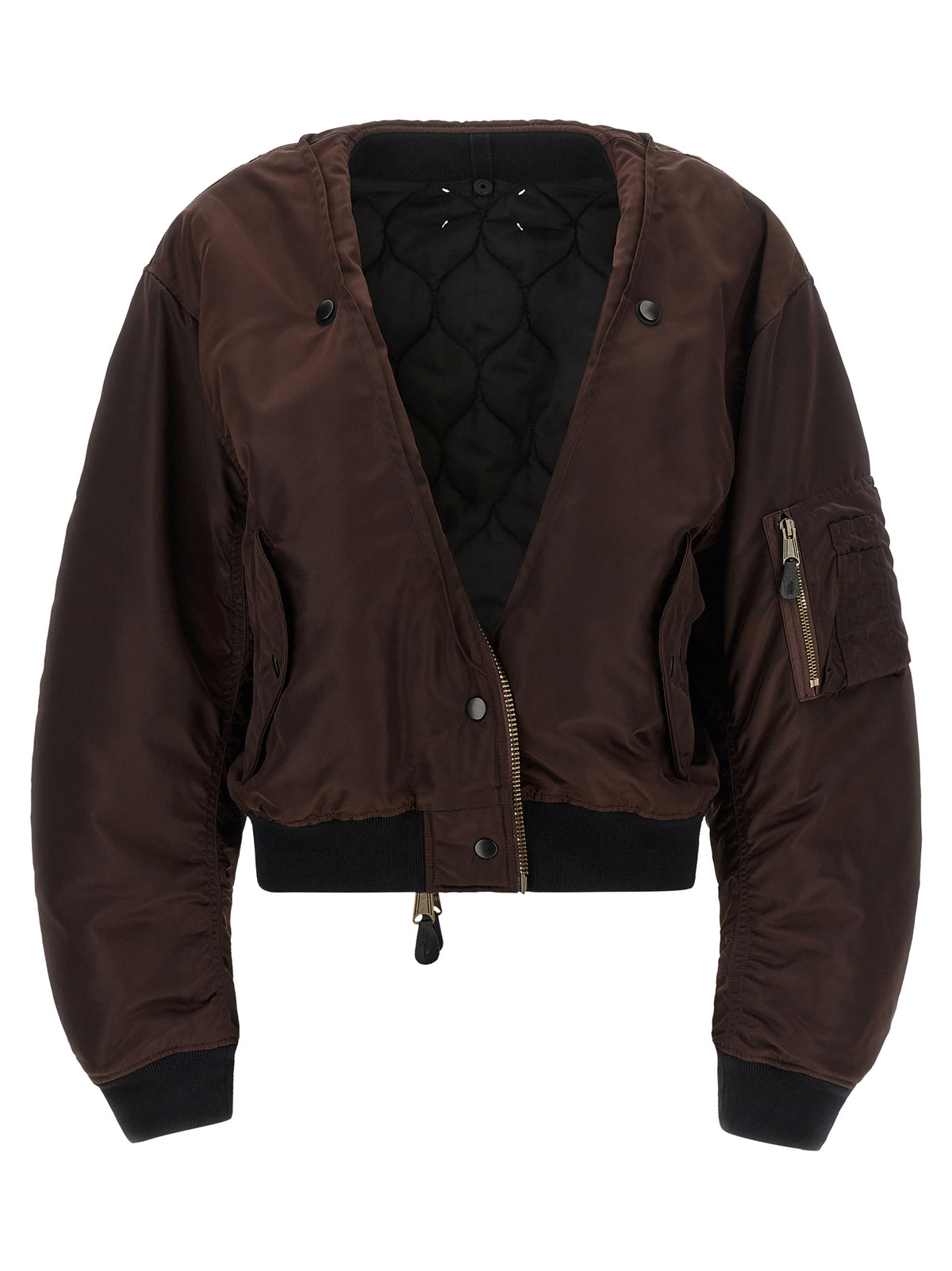 This Bomber Jacket by Maison Margiela for women in modacrylic & polyamide black, brown & patterned exhibits a edgy silhouette, meticulously detailed with functional pockets and a edgy for a edgy finish.