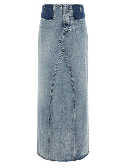 Skirt by Maison Margiela for women in denim cotton light-blue & signature features a captivating silhouette, showcasing the captivating Four Stitches Women's Denim Cotton Mini Skirt design with a sophisticated mini for a captivating look.