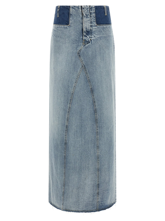 Skirt by Maison Margiela for women in denim cotton light-blue & signature features a captivating silhouette, showcasing the captivating Four Stitches Women's Denim Cotton Mini Skirt design with a sophisticated mini for a captivating look.