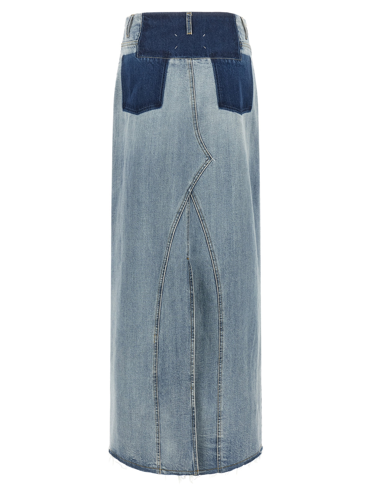 Skirt by Maison Margiela for women in denim cotton light-blue & signature features an relaxed-yet-refined silhouette that elegantly showcases the Four Stitches Women's Denim Cotton Mini Skirt design and sophisticated mini.