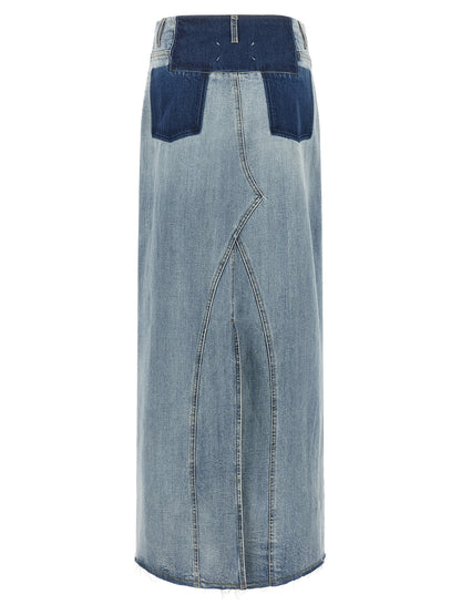 Skirt by Maison Margiela for women in denim cotton light-blue & signature features an relaxed-yet-refined silhouette that elegantly showcases the Four Stitches Women's Denim Cotton Mini Skirt design and sophisticated mini.