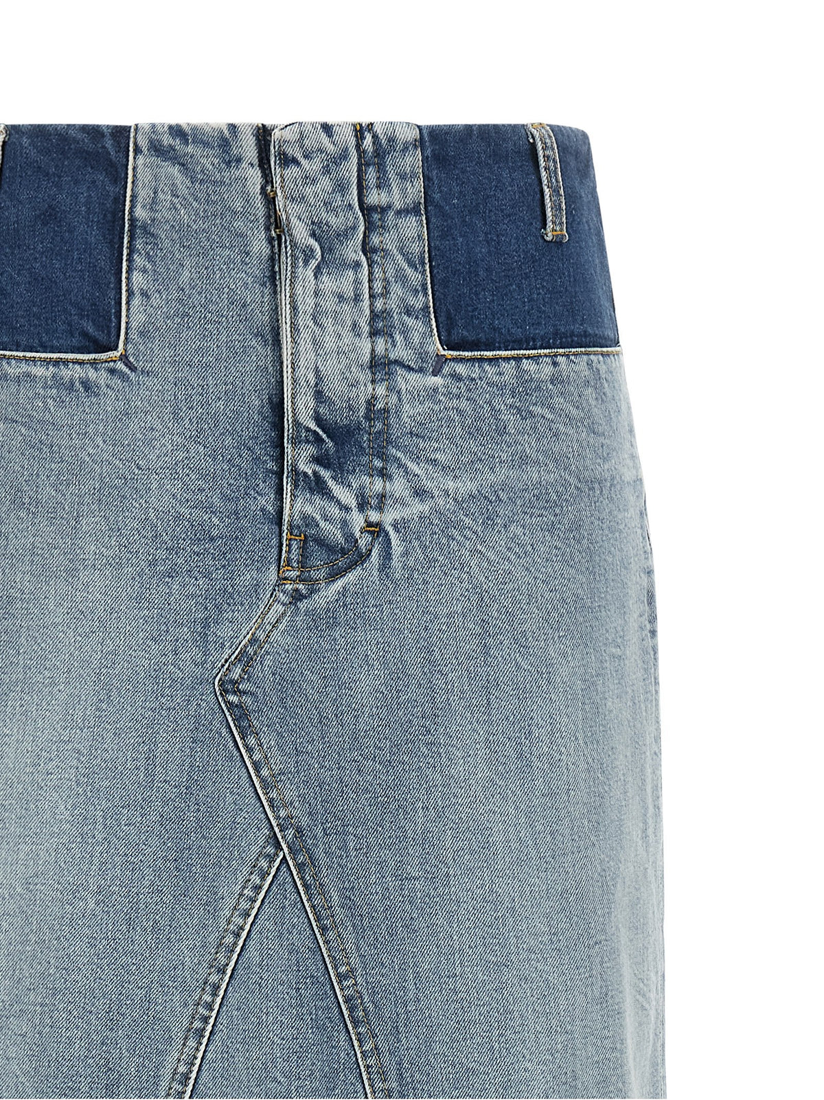 Skirt by Maison Margiela for women in denim cotton light-blue & signature features an tailored silhouette, artfully capturing the essence of Four Stitches Women's Denim Cotton Mini Skirt in a sophisticated mini.