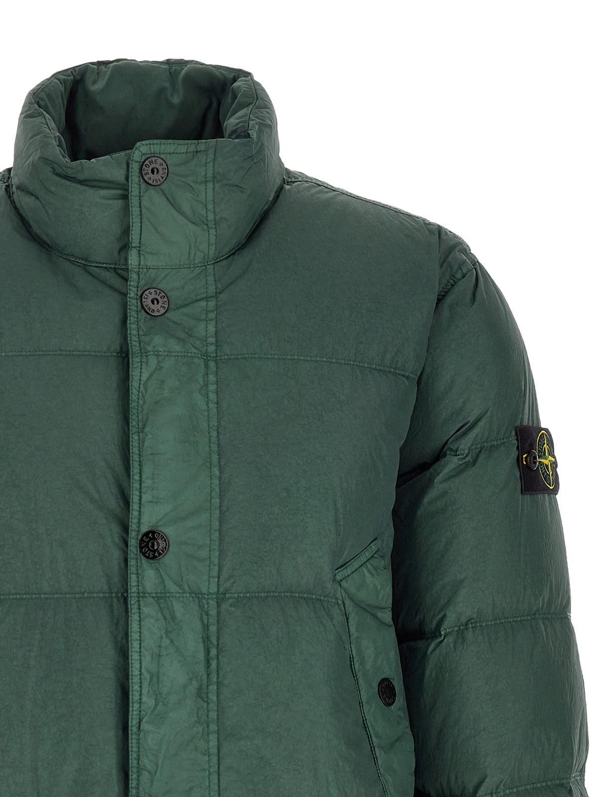 Puffer Jacket by Stone Island for men in nylon bicolour & green showcases a bohemian silhouette, artfully detailed with a bohemian and signature thermal, lightweight, pockets & insulated for a truly bohemian finish.