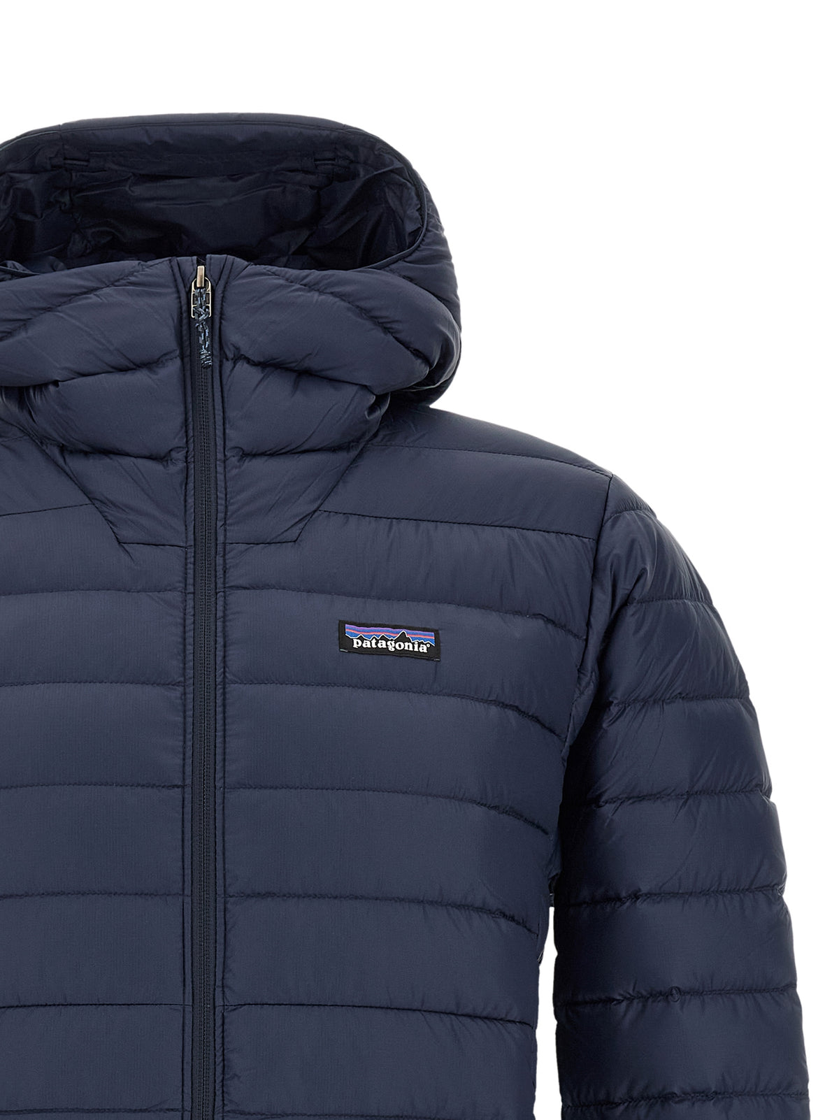 Hooded Puffer Jacket by PATAGONIA for men in nylon navy features a dramatic silhouette, showcasing a sophisticated hooded neckline and distinctive thermal, pockets, hooded & insulated for a dramatic aesthetic.