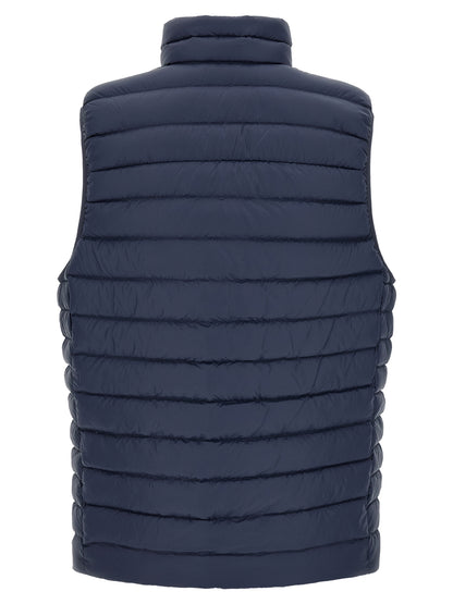 Vest by PATAGONIA for men in nylon fabric navy showcases a utilitarian silhouette, artfully incorporating windproof, pockets & insulated and a utilitarian high-neck neckline for a truly utilitarian finish.