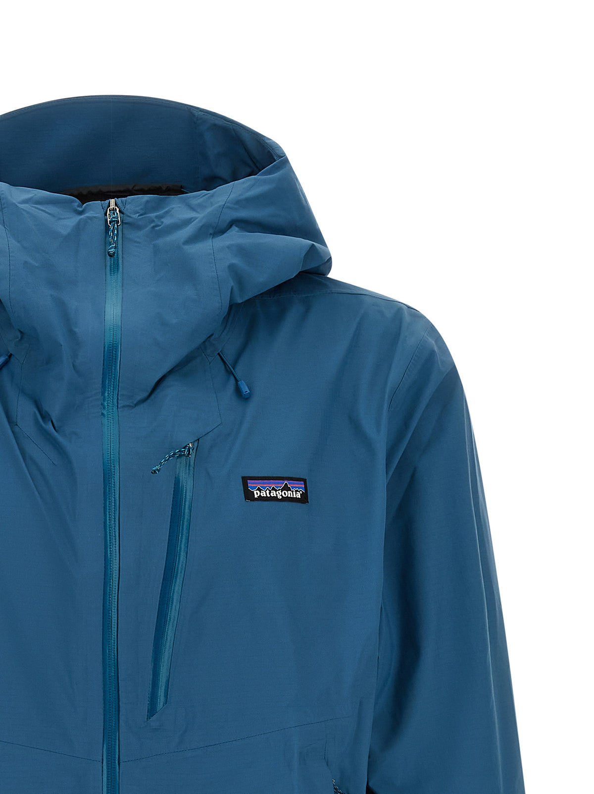 Hooded Windbreaker Jacket by PATAGONIA for men in nylon blue presents a resilient silhouette, artfully detailed with a sophisticated hooded neckline and functional water-resistant, hooded & windproof for a resilient finish.