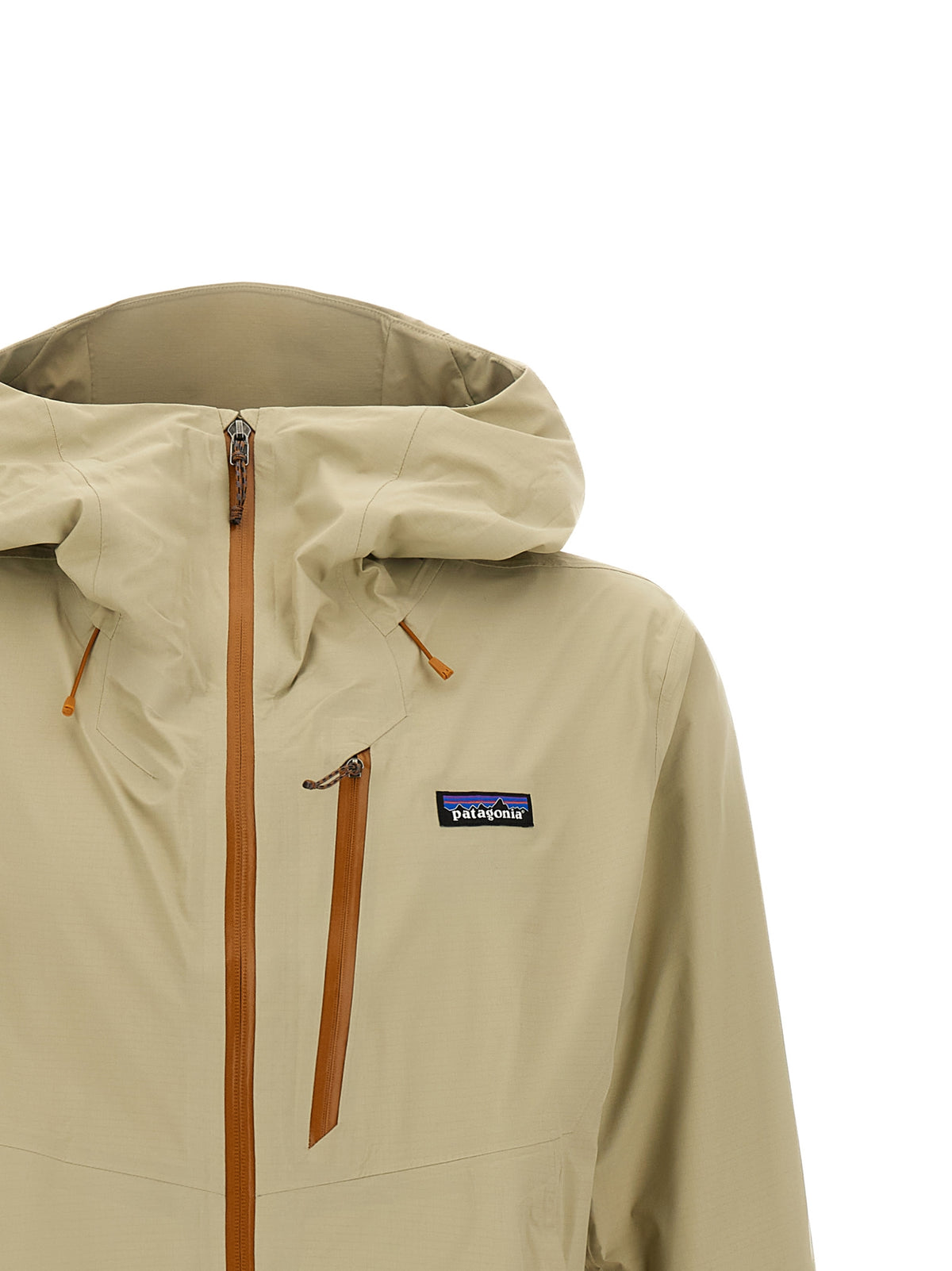 Hooded Windbreaker Jacket by PATAGONIA for men in nylon beige presents a resilient silhouette, artfully detailed with a sophisticated hooded neckline and functional water-resistant, pockets, hooded & windproof for a resilient finish.