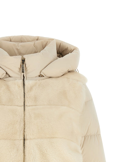 Hooded Jacket by MooRER for women in cashmere wool white features an utilitarian silhouette with a refined hooded neckline, showcasing sophisticated hooded, insulated & windproof for an utilitarian aesthetic.