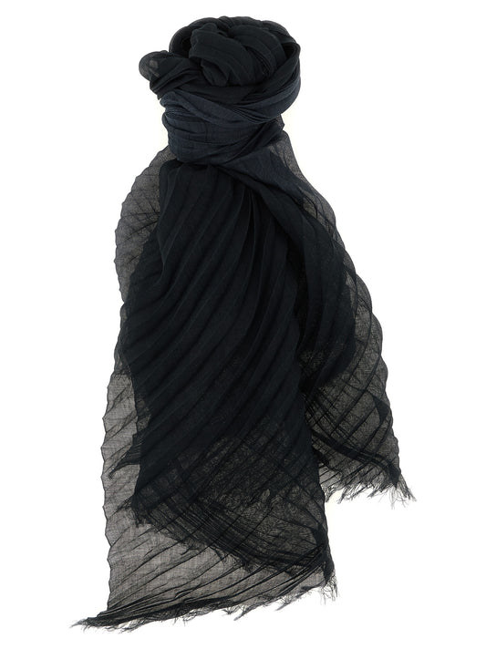 Scarf by Issey Miyake for women in polyester & ramie black & transparent features a snug silhouette, perfectly showcasing the elegant drape and premium finish of the Polyester & Ramie Stole Frayed-Edge Scarf.
