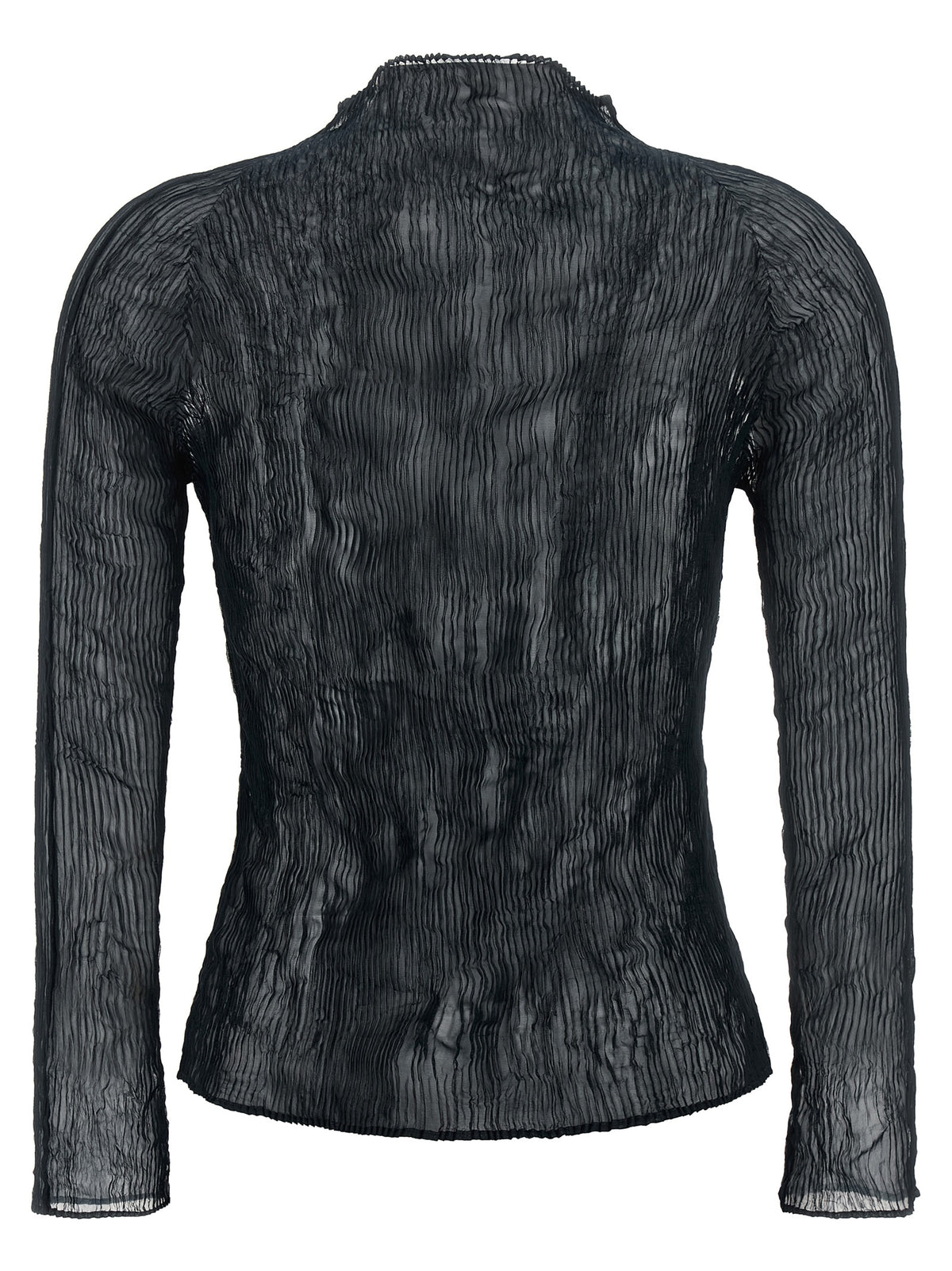 Cardigan by Issey Miyake for women in polyester chiffon black & transparent showcases a luxurious silhouette, meticulously detailed with a sophisticated turtle neckline and for a refined finish.
