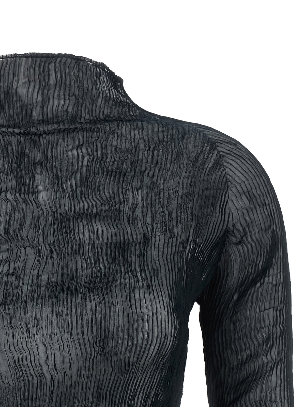 Cardigan by Issey Miyake for women in polyester chiffon black & transparent features a dramatic silhouette, showcasing a sophisticated turtle neckline and dramatic detail for a timeless, premium look.