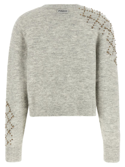 Cardigan by PINKO for women in polyamide rhinestone & alpaca wool gray, patterned & signature showcases a captivating silhouette, artfully detailed with a captivating and for a truly sophisticated captivating look.
