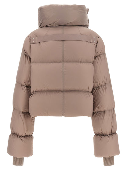Puffer Jacket by Rick Owens for women in cotton nylon goose down & virgin wool multicolor, pink & signature features a dramatic silhouette, showcasing a sophisticated and distinctive insulated for a dramatic aesthetic.