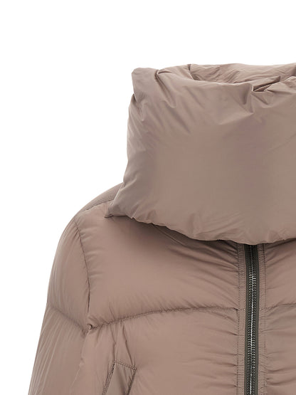 This Puffer Jacket by Rick Owens for women in cotton nylon goose down & virgin wool multicolor, pink & signature exhibits a edgy silhouette, meticulously detailed with functional insulated and a edgy for a edgy finish.