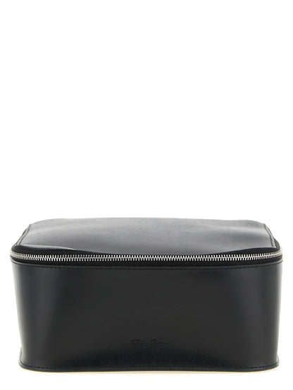 Travel Makeup Bag by Rick Owens for men in calfskin leather black & silver features a plush Calfskin Leather Travel Makeup Bag design, finished with a secure zipper, ample , and versatile handle.