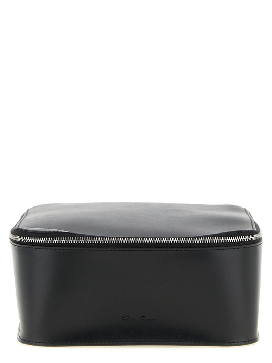 Travel Makeup Bag by Rick Owens for men in calfskin leather black & silver features a plush Calfskin Leather Travel Makeup Bag design, finished with a secure zipper, ample , and versatile handle.