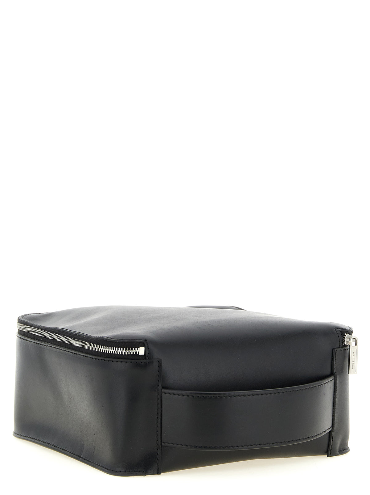 Travel Makeup Bag by Rick Owens for men in calfskin leather black & silver showcases a unassuming Calfskin Leather Travel Makeup Bag design featuring a secure zipper, organized , and versatile handle.