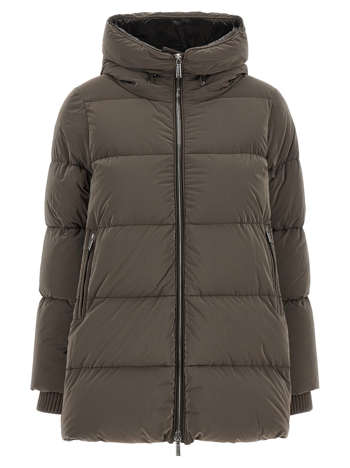 Hooded Puffer Jacket by MooRER for women in plush cashmere goose down & wool brown & silver features a city-ready silhouette, detailed with pockets, hooded & insulated and a city-ready hooded neckline.