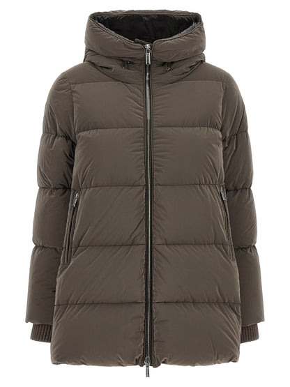Hooded Puffer Jacket by MooRER for women in plush cashmere goose down & wool brown & silver features a city-ready silhouette, detailed with pockets, hooded & insulated and a city-ready hooded neckline.