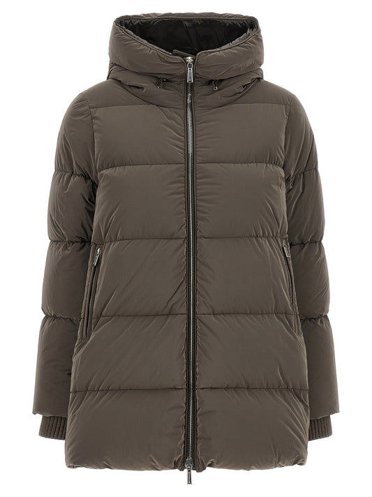 Hooded Puffer Jacket by MooRER for women in plush cashmere goose down & wool brown & silver features a city-ready silhouette, detailed with pockets, hooded & insulated and a city-ready hooded neckline.