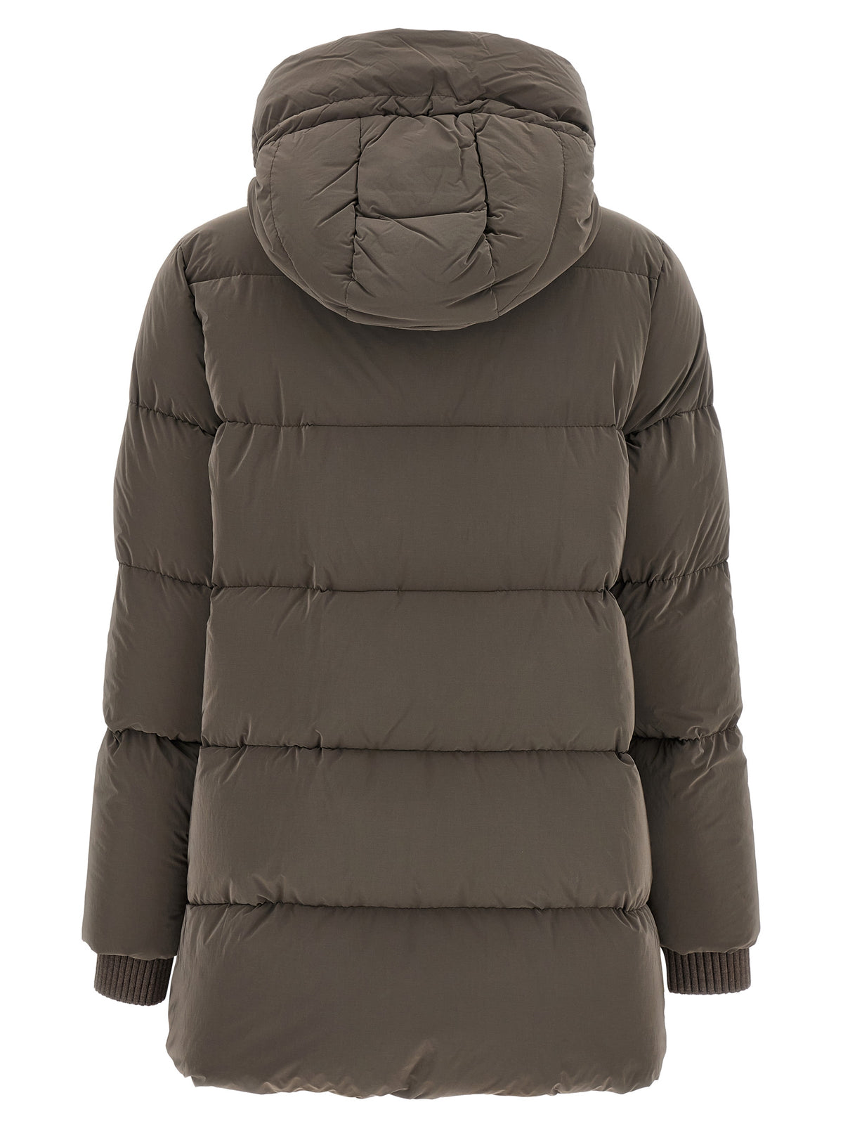 Hooded Puffer Jacket by MooRER for women in plush cashmere goose down & wool brown & silver presents a effortlessly chic silhouette, showcasing a sophisticated hooded neckline and premium pockets, hooded & insulated for a truly effortlessly chic finish.
