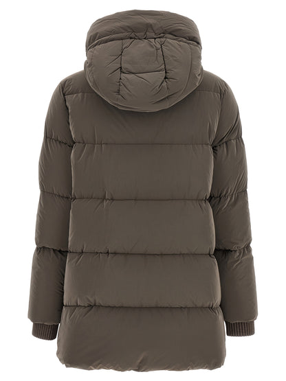 Hooded Puffer Jacket by MooRER for women in plush cashmere goose down & wool brown & silver presents a effortlessly chic silhouette, showcasing a sophisticated hooded neckline and premium pockets, hooded & insulated for a truly effortlessly chic finish.