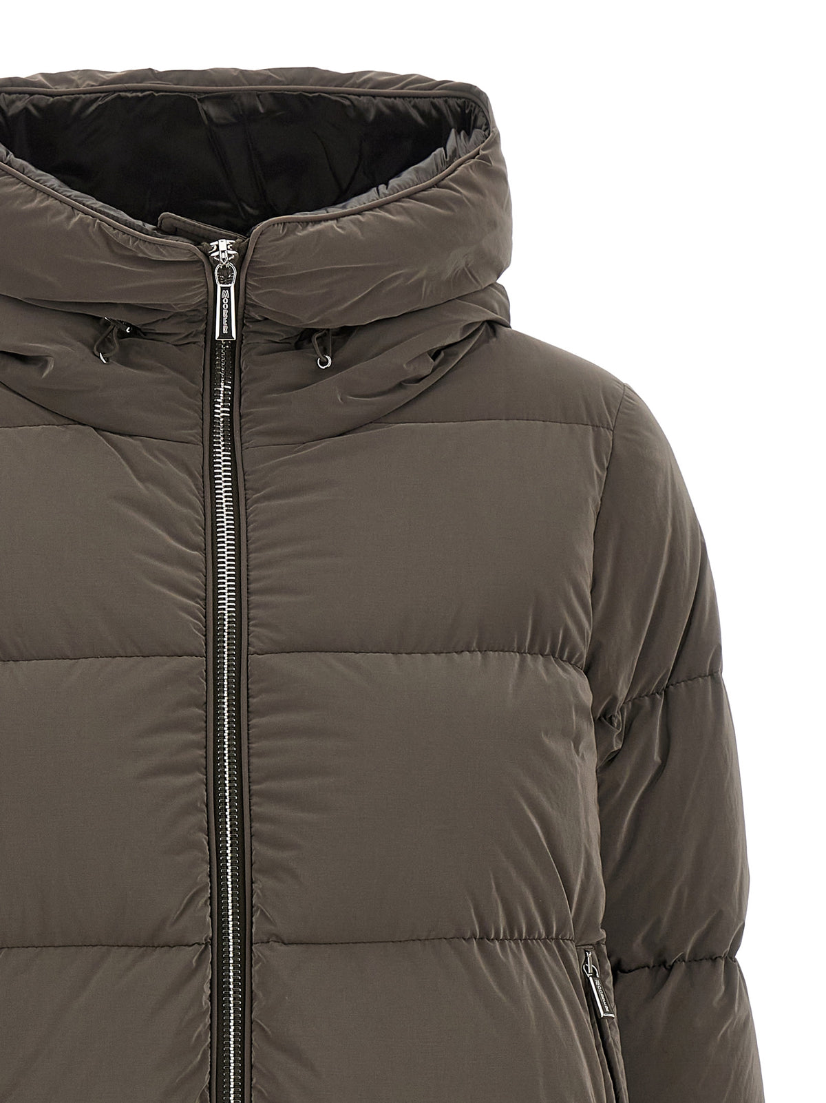 Hooded Puffer Jacket by MooRER for women in plush cashmere goose down & wool brown & silver features an contemporary silhouette, showcasing a sophisticated hooded neckline and contemporary pockets, hooded & insulated for a truly refined look.