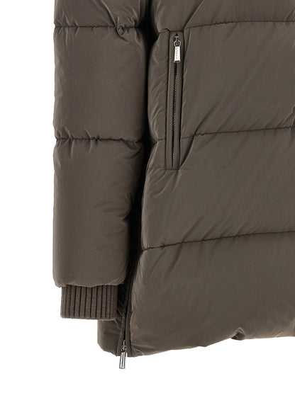 Hooded Puffer Jacket by MooRER for women in plush cashmere goose down & wool brown & silver features a dramatic silhouette, showcasing a sophisticated and distinctive pockets, hooded & insulated for a dramatic aesthetic.