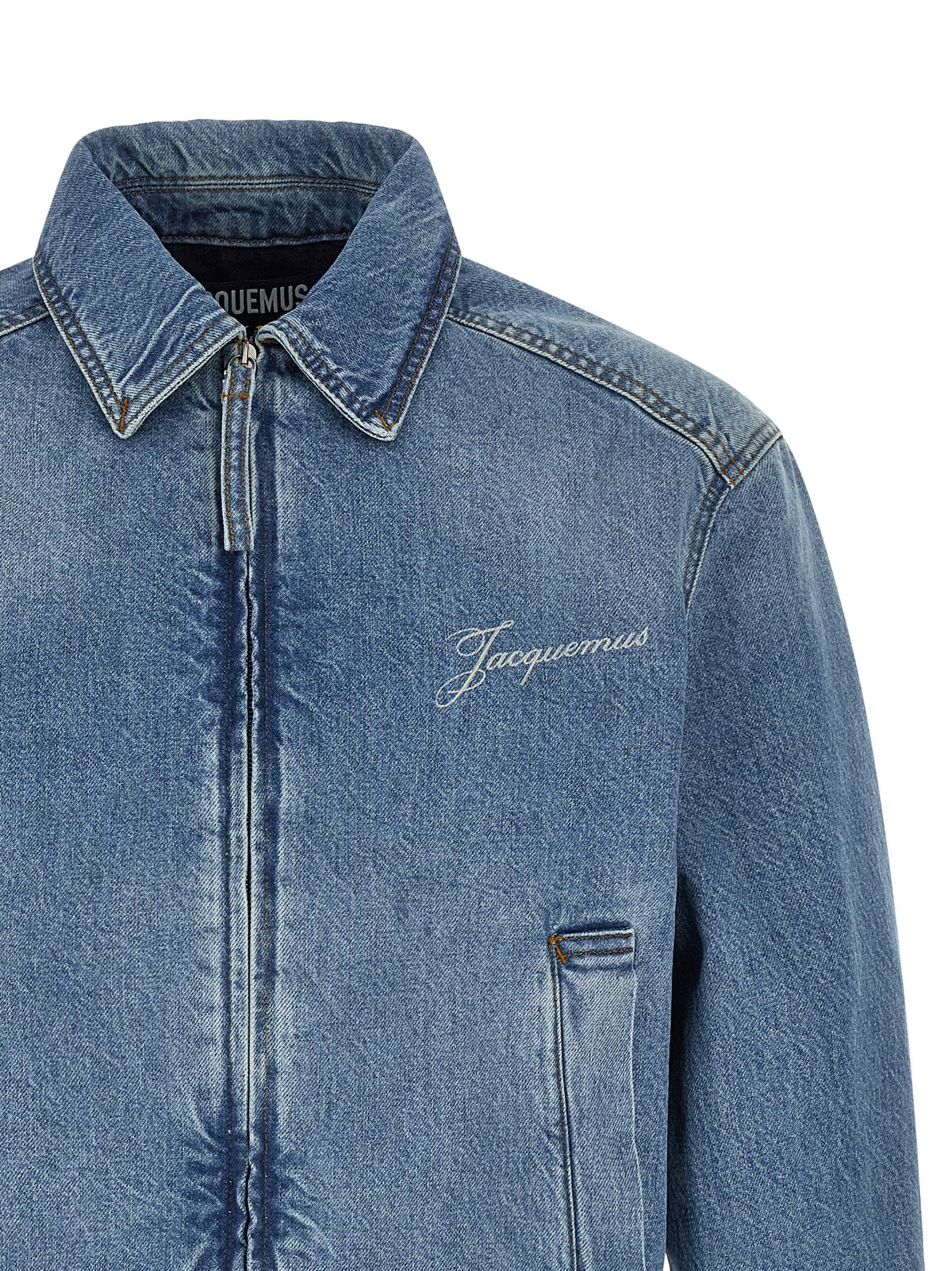 Trucker Jacket by Jacquemus for men in denim cotton blue & signature features an on trend silhouette, showcasing refined and a sophisticated for a truly on trend finish.