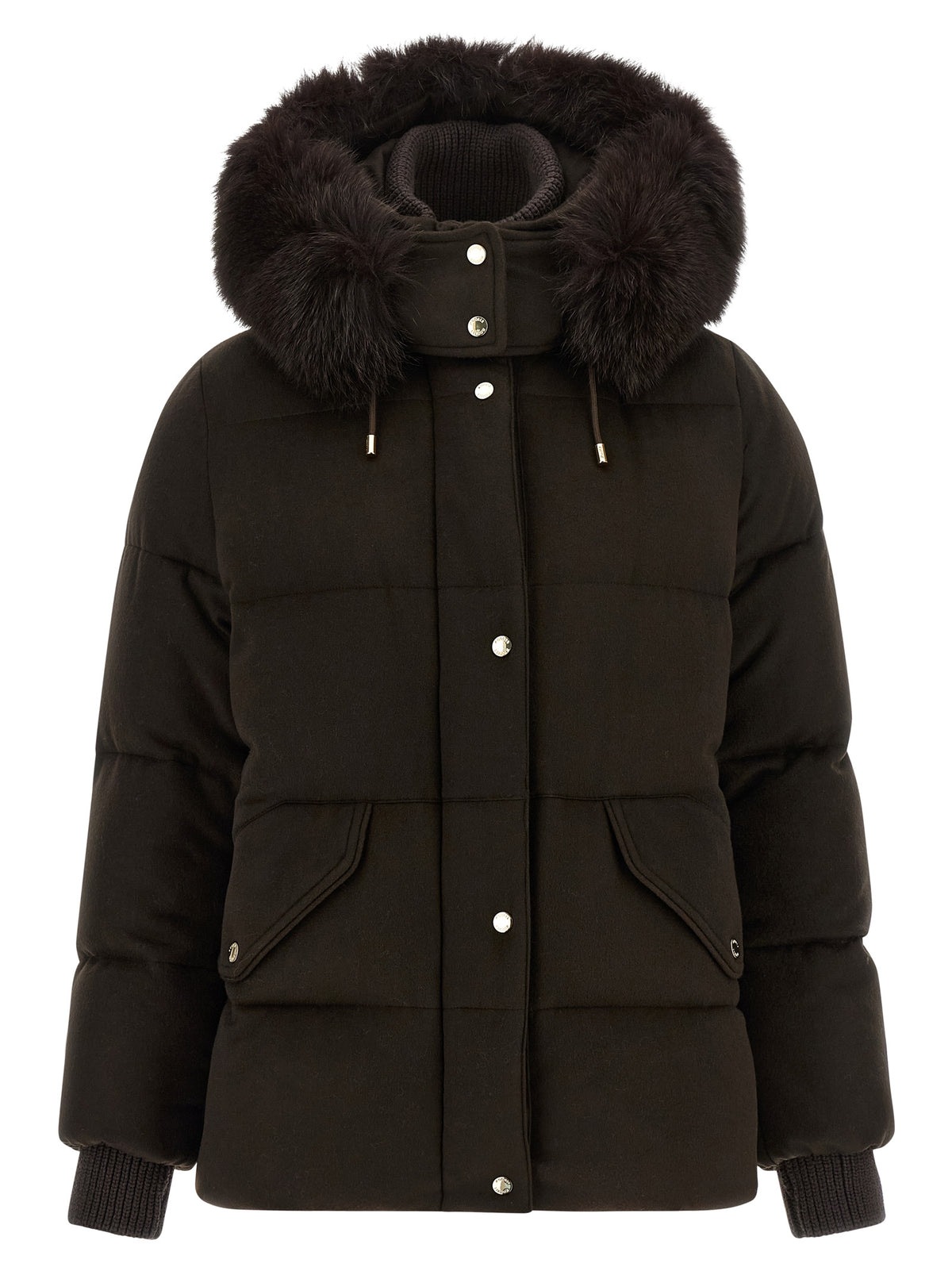 Hooded Puffer Jacket by MooRER for women in cashmere wool fur & metal brown & silver showcases a bohemian silhouette, artfully detailed with a bohemian hooded neckline and signature thermal, pockets, hooded & insulated for a truly bohemian finish.