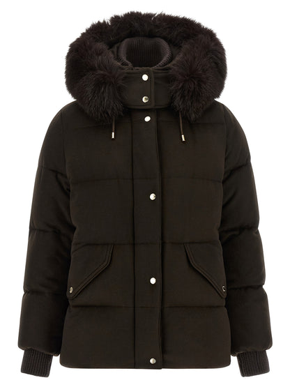 Hooded Puffer Jacket by MooRER for women in cashmere wool fur & metal brown & silver showcases a bohemian silhouette, artfully detailed with a bohemian hooded neckline and signature thermal, pockets, hooded & insulated for a truly bohemian finish.